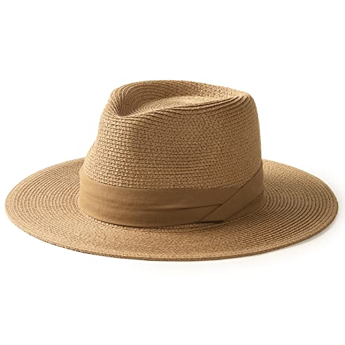 FURTALK Sun Hat Wide Brim Straw Fedora Panama Beach for Men Women - color: Brown, size: Large-X-Large