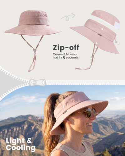 2-in-1 Womens Bucket Sun Hats, Sun Visor Hat, UPF 50+ Wide Brim, Ponytail-Friendly, Packable, Hiking Outdoor - color: Pink
