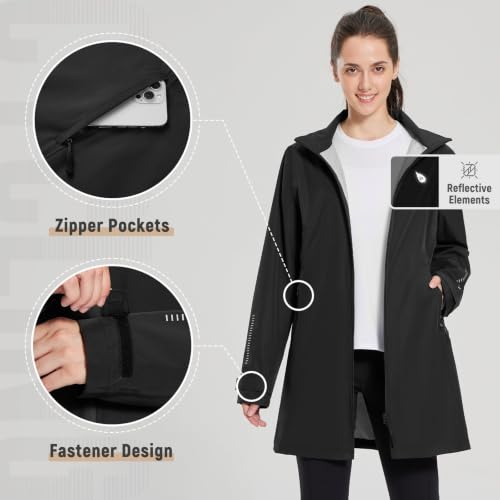 baleaf Women's Long Rain Coat Lightweight Packable Jacket with Hood - color: Black, size: Medium