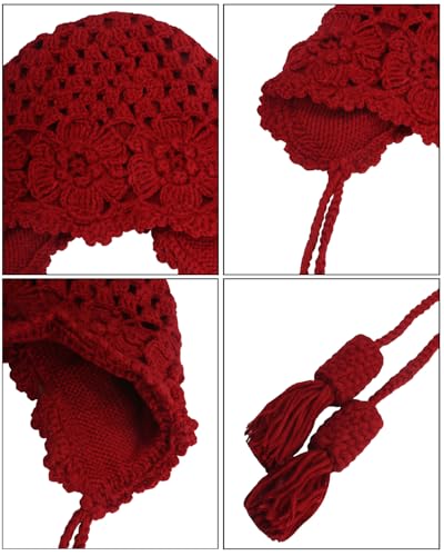 MINGSEECESS Women Girls Knitted Beanie Hat Crochet Braided Knit Warmer Cap Skiing Snowboarding Ear Flap Hats - color: Knitted-red
