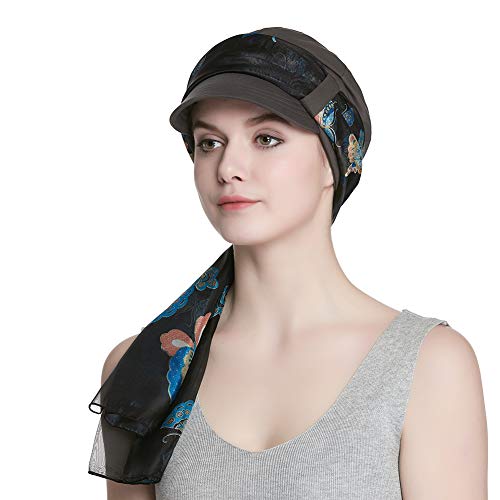 Alnorm Breathable Cotton Hat and Scarf Set Chemo Headwear for Women - color: Gray Butterflies