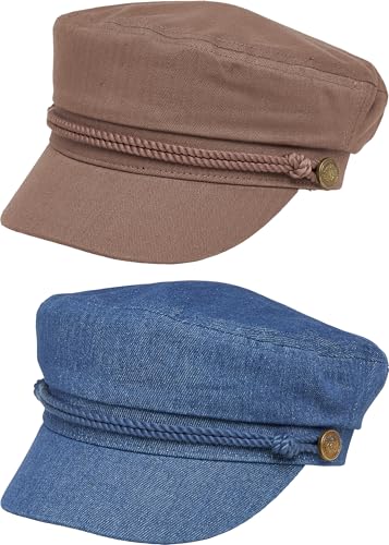 Funky Junque Greek Fisherman Newsboy Cap, Cotton Captains Bakerboy Hat - color: 2 Pack - Brown & Denim