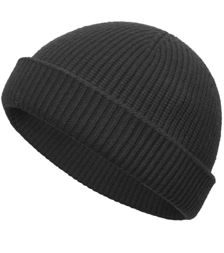 Wool Cuffed Beanie for Men Unisex Knit Watch Cap Thin Fisherman Beanies - color: Black