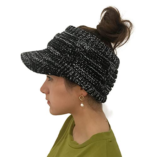 XYIYI Beanie Tail Winter Warm Knit Messy High Bun Ponytail Hats Visor Beanie Cap - color: Black-white