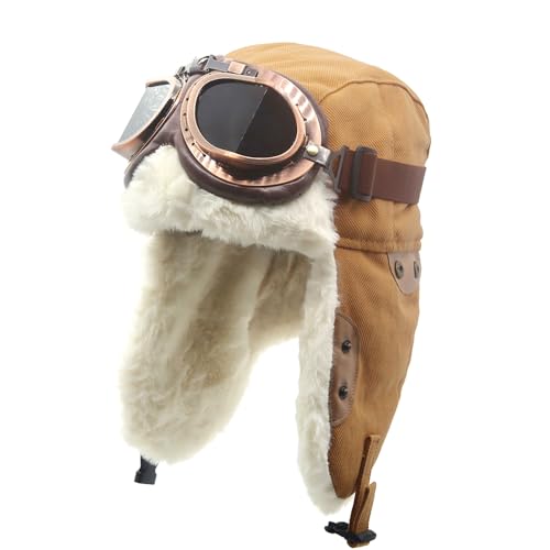 Adults Vintage Aviator Hat Trapper Cap - color: Camel Hat+smoke Lenses