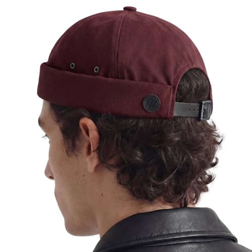 UNDERCONTROL Vintage Brimless Sailor Fisherman Leon Hat Miki Skull Docker Leather Strap Beanie Cap for Men & Women Korea - color: Wine
