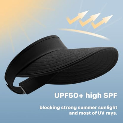WANDER Sun Visor Hat Wide Brim Packable Large Beach Cap for Women - color: Black