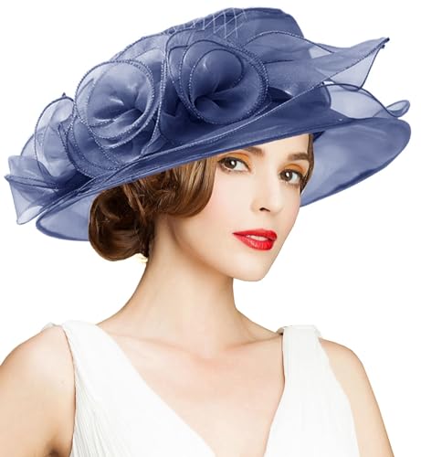 Women's Kentucky Derby Church Dress Hat Wide Brim Leaf Flower Bridal Shower Hat - color: A4 Navy