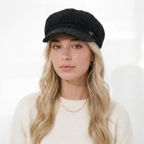 C.C Knitted Newsboy Cap for Women – Soft Knit Hat with Adjustable Velcro, Lightweight Warm Winter Style - color: Knitted-black