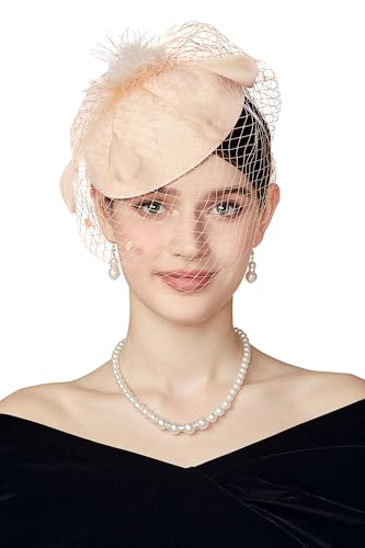 BABEYOND Fascinators Hats for Women Tea Party Pillbox Derby Wedding Hat - color: Champagne