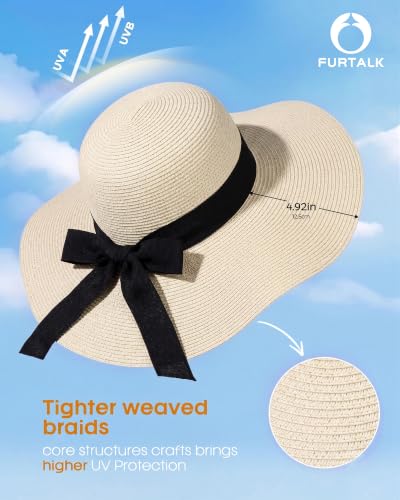 FURTALK Womens Sun Straw Hat Wide Brim Floppy Summer Beach Hats for Women - color: Beige, size: Medium-Large