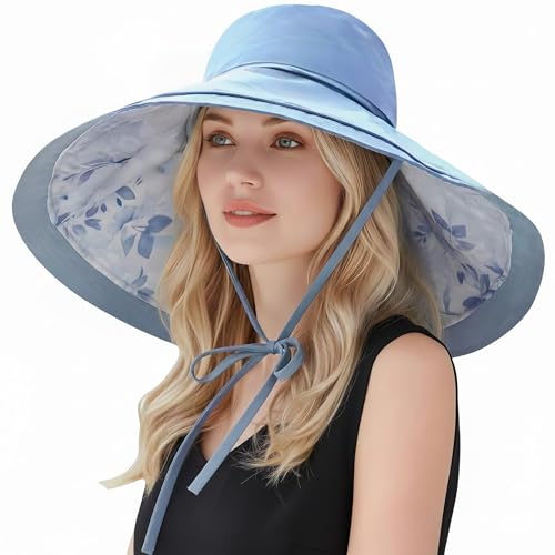 HUAMULAN Women Wide Brim Reversible Sun Hat Summer Beach Fishing Bucket - color: Blue