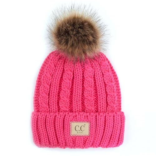 C.C Kids' Suede Patch Snuggly Soft Warm Knit Pom Cuff Beanie - color: Cable Knit Faux Fur, New Candy Pink