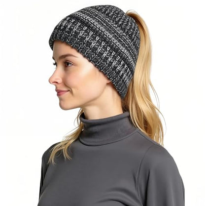 Women Ponytail Beanie 2-Pack, Thick Thermal Soft Acrylic Winter Skull Cap - color: A & C