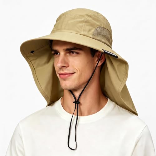 Tirrinia Wide Brim Sun Hat with Neck Flap for Men & Women - color: Light Olive