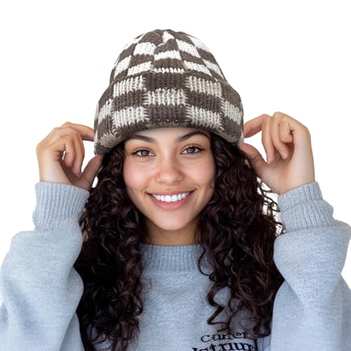 CLAPE Womens Cute Slouchy Beanies Hats, Winter Warm Chunky Checkered Beanie Large Cuff Knitted Hat Ski Cap for Cold Weather - color: Kh56-coffee