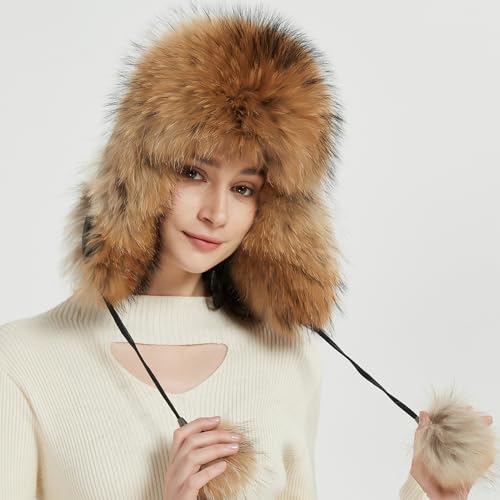 Women Real Fur Trapper Hat Sheepskin Leather Aviator Hat Ear Flaps Ushanka Hat Snow Hat with Pom Pom - color: Raccoon