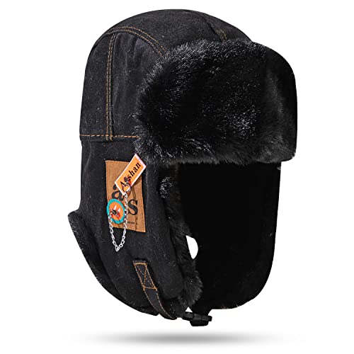 Croogo Trapper Hat Winter Hats for Men Trooper Russian Warm Hat with Ear Flaps Women Ushanka Fur Hat Windproof Ski Hat - color: Pl10-black