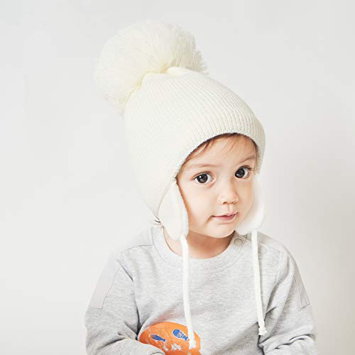 Baby Toddler Beanie Earflap Winter Hat Fleece Lined Knit Cap Girls Boy - color: White, size: 2-5T