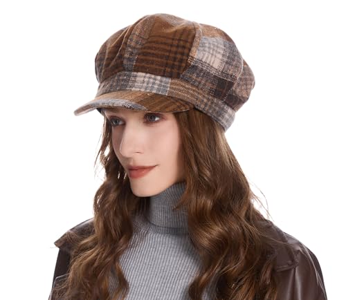 ZLYC Women Classic Newsboy Cap Visor 8 Panel Gatsby Cabbie Paperboy Hat - color: Plaid Coffee and Khaki