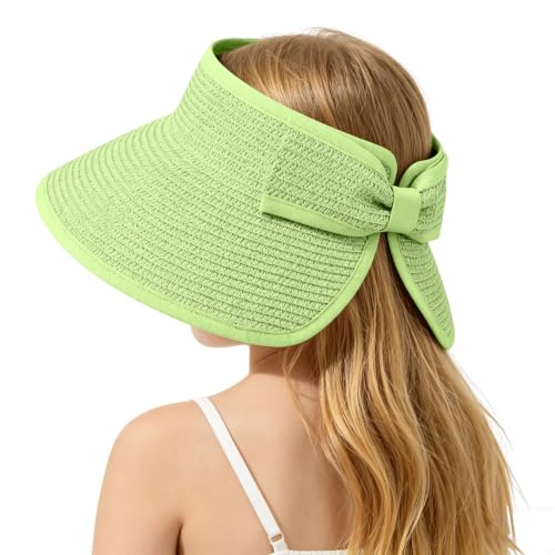ZOORON Girls Straw Sun Visor Hat, Wide Brim Ponytail Beach Hat with Bow - color: Yellow-green