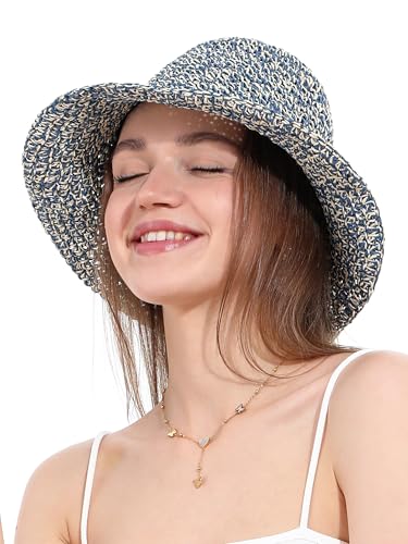 Womens Sun Hat Handmade Crochet Straw Bucket for Summer Foldable Travel Cap - color: Beige & Blue