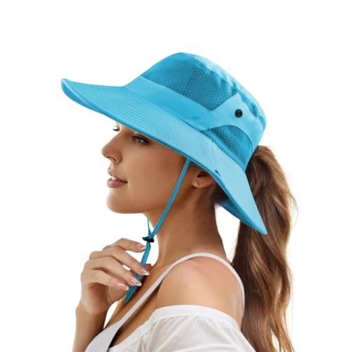 Muryobao Women Ponytail Sun Hat Summer UV Protection Cap Outdoor Foldable Mesh Wide Brim Bucket Hats for Beach Fishing Garden - color: Sky Blue