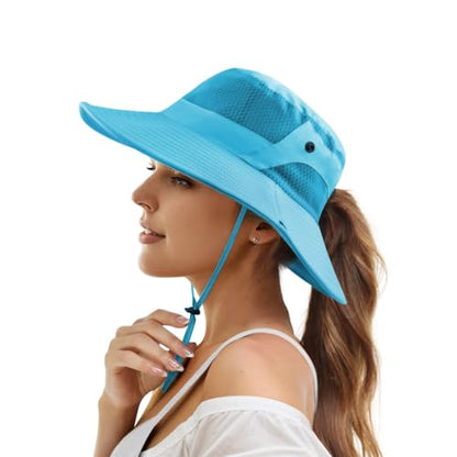 Muryobao Women Ponytail Sun Hat Summer UV Protection Cap Outdoor Foldable Mesh Wide Brim Bucket Hats for Beach Fishing Garden - color: Sky Blue