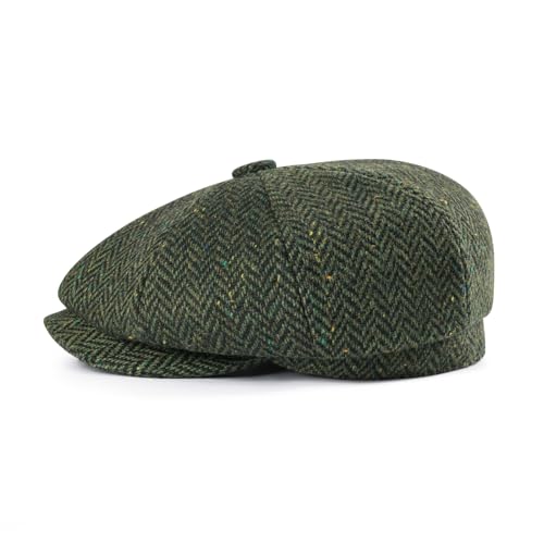 FEINION Men 8 Panel Herringbone Wool Newsboy Cap - color: Flecked Green, size: 7 3/8