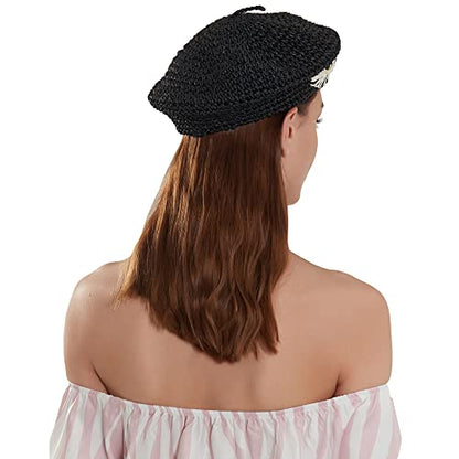 Straw Beret Summer French Beret Hats for Women Artist Crochet Beret - color: Black Flower