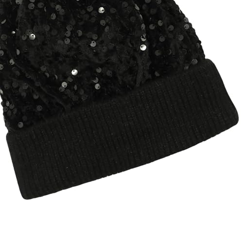 Women Sparkly Sequins Knitted Beanie Hat Warm Winter Skull Cap with Faux Fur Pom Pom - color: X Black With Knit Cuffs