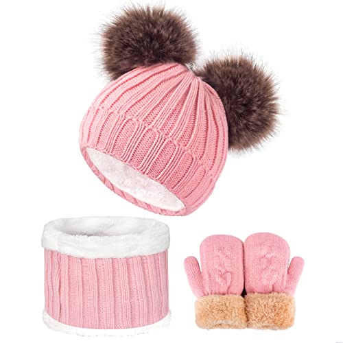 Kids Winter Beanie Scarf Gloves Set - Thermal Fleece Lined Knit Hat, Soft Neck Warmer & Mittens for Girls & Boys 1-10 Years - color: Pink-s, size: 1-5 years