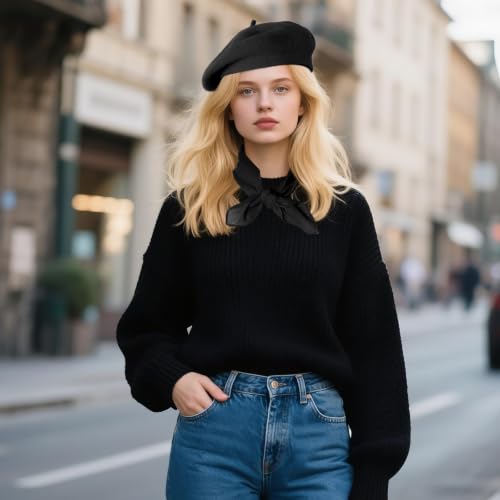 Classic Beret Hats for Women French Beret Hats Costume Accessories Painter Artist Cap with Scarf - color: Black