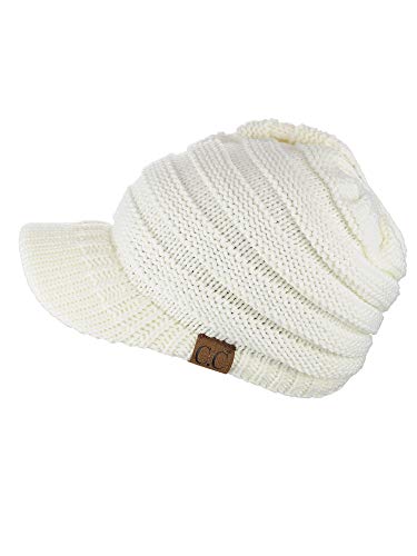 C.C Warm & Thick Cable Knitted Brim Visor Beanie Cap - color: Ivory