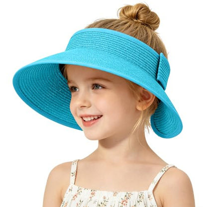 Girls Sun Visor Hat with Ponytail Hole Wide Brim Beach Straw Visor UPF 50+ - color: 1pack-sea Blue