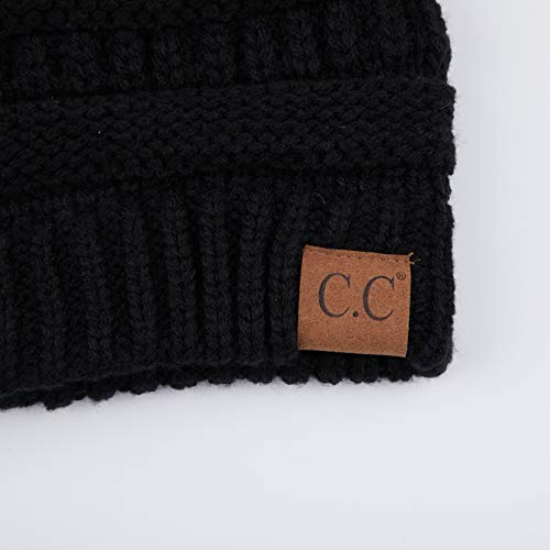 C.C Fur Pom Winter Fall Trendy Chunky Stretchy Cable Knit Beanie Hat - color: Solid Black