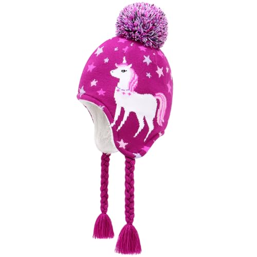 Winter Peruvian Hat Earflap Fleece Lined Girls Knit Beanie 3-10T - color: 4a-unicorn, size: 6-10 Years