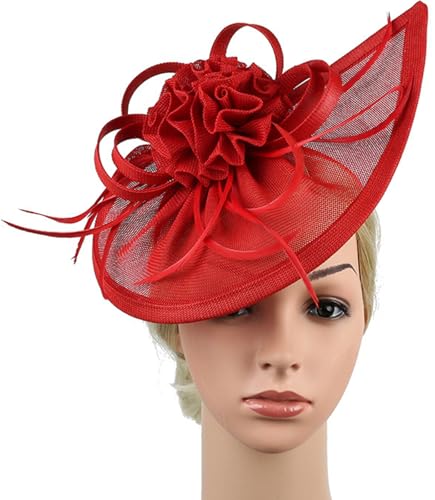 ORIDOOR Women Fascinators Derby Church Tea Party Wedding Flower Feathers Headpiece with Headband Clips - color: 21c Red