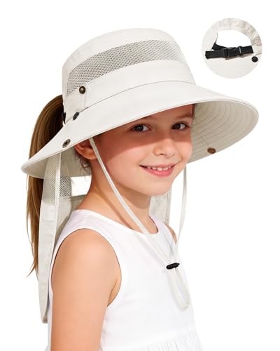 Century Star Kids Sun Hat with Ponytail Hole & Detachable Neck Flap UPF50+ Quick Dry Girls Bucket Hat for Outdoor Beach - color: Beige