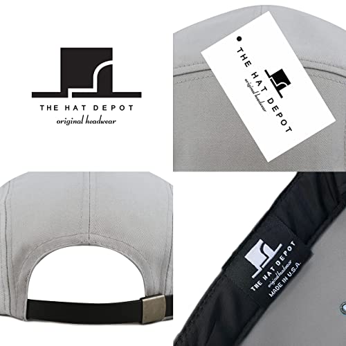 The Hat Depot Made in USA Cotton Twill 5 Panel Flat Brim Genuine Leather Brass Biker Board Cap - color: Grey
