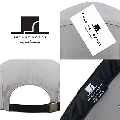 The Hat Depot Made in USA Cotton Twill 5 Panel Flat Brim Genuine Leather Brass Biker Board Cap - color: Grey