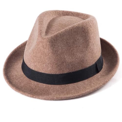 LADYBRO Straw Trilby Fedora Hat for Men Women 1920s Wool Felt Panama 7 1/4 - color: 04 Camel, Size: 7 1/4 (58cm), Fits 22" - 22 7/8"