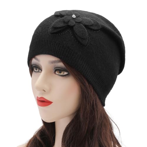 ZLYC Women Floral Slouchy Beanie Hat Double Layer Winter Knit Skull Cap - color: Butterfly Black