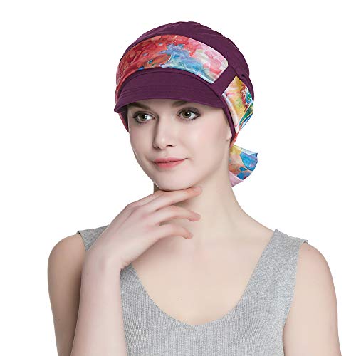 Alnorm Breathable Cotton Hat and Scarf Set Chemo Headwear for Women - color: Purple Floral