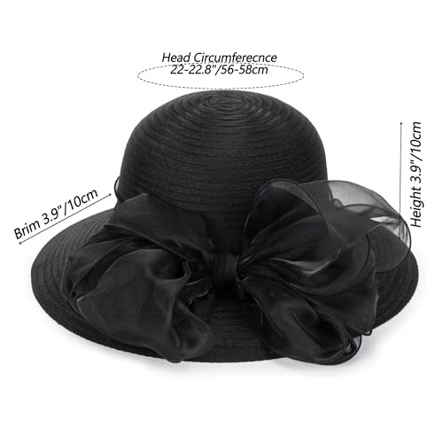 Women Kentucky Organza Derby Hat - Wide Brim Summer Sun Hat for Bridal Wedding Church Tea Party - color: Black