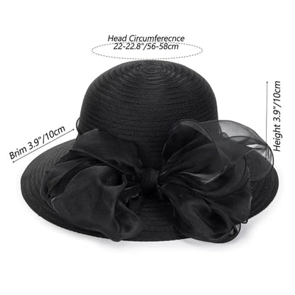 Women Kentucky Organza Derby Hat - Wide Brim Summer Sun Hat for Bridal Wedding Church Tea Party - color: Black