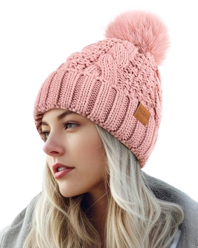 Women's Winter Pompom Beanie Warm and Cozy Knit Hat Fleece Lining Skull Cap for Women - color: Dark Pink