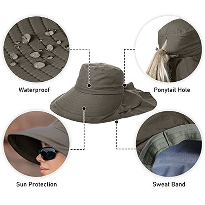 Womens Sun Hat UPF 50+ Wide Brim and Ponytail Hole, Hiking Safari Hat with Neck Flap… - color: Army Green