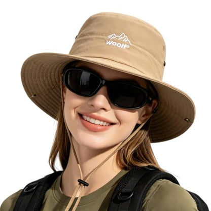 WOOH Sun Hats for Women,UPF80+ Wide Brim Foldable Bucket Hat with Adjustable Chin Strap,Summer Hat for Beach Hiking Gardening - color: Khaki