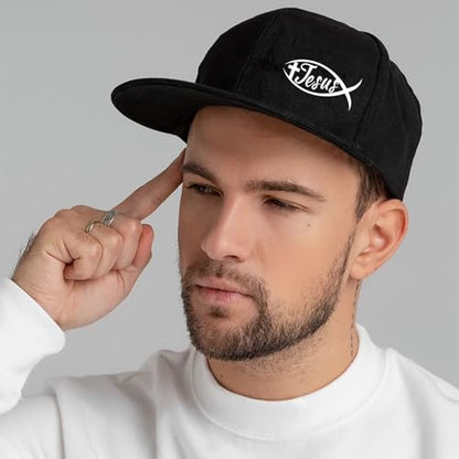 Flat Bill Hats for Men Black Snapback Hats for Men Adjustable Baseball Cap Fitted Cool Hip Hop Hat - color: Jesus Fish